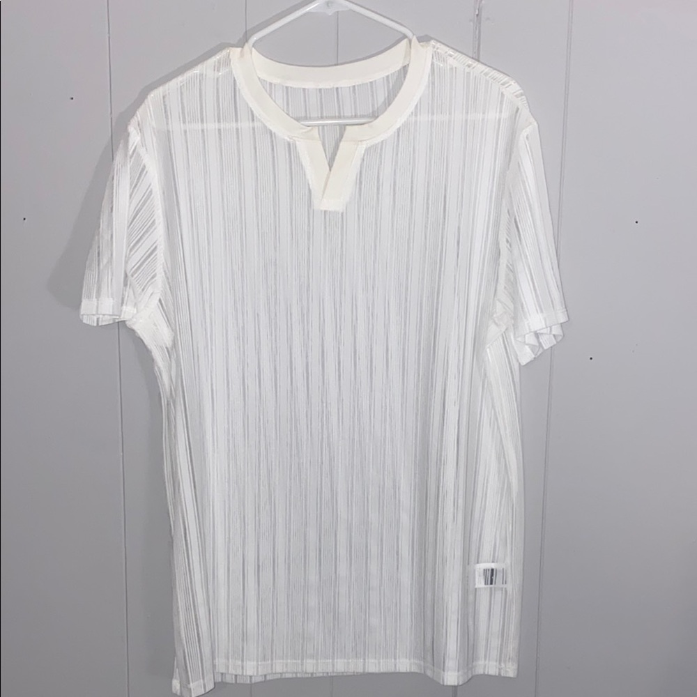 White Short Sleeve Tee with Split V-Neck and Relaxed Fit
